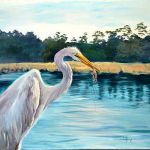 "Egret Eating a Shrimp," 24" x 30" oil on canvas. Available
This was a painting of the same Egret lab made it so close and do any ahead study I have been told by another wildlife artist that I should've painted to meeting a shrimp because that's not their natural diet it is however my experience that animals will eat just about anything that they can get their teeth on one or begin this case including I have witnessed deer eating meat after a force fire and I've watched cows eat 10 cans and scrap metal of various kinds.
