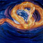"False Righteousness," 4 x 6' acrylics on canvas. Collection of the artist daughter.
Another from the series of recurring dreams in this case the snake swallowing the world it scales were covered with religious symbols and the title when it was hanging on the wall in the dream was false righteousness. No one religion was singled out in the dream it seemed focused on insincerity of various religious fanatics and the damage they are doing.