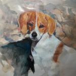 "Paddles," 18 x 24" acrylic on paper. Commissioned.
Paddles was a very young dog just barely not a puppy anymore when the neighbor shot him with an arrow and left him to die in the yard when his owner told me the story and that she had only a couple of snapshots of a I agreed to do a painting based on his breed but with his color markings.