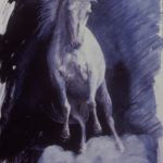 "Peanut Rearing," 21" x 29" pencil heightened with gouache. SOLD.
I often travel with paper taped on boards so that if I see a scene I can stop and sketch it on one such day I saw this white horse prancing in the field it would rear up and Paul the air and then prints around I got out and went up to sketch the animal and is accommodated me by rearing up whenever I'd rear my hands up the drawing was of course very loose to the point of wildness. When I took it back to the studio I decided to heighten the picture with gouache a technique that was very popular in the Renaissance.